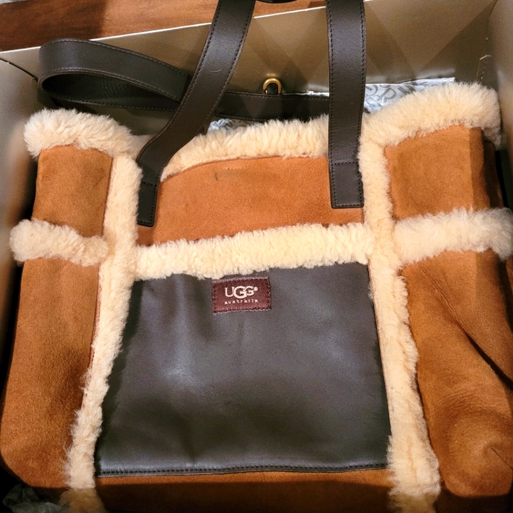 UGG Australia Tan Brown Suede Bag With Leather Trim and Shearling Interior